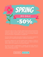 Spring big sale 50 percent off promo label with pink gentle flower. Vector webpage or website template, text sample and springtime special offer on orange
