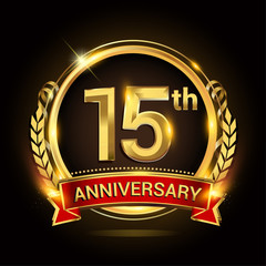 15th golden anniversary logo, with shiny ring and red ribbon, laurel wreath isolated on black background, vector design