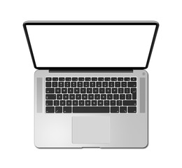 Open laptop top view with blank screen, isolated on white. 3D render