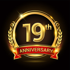 19th golden anniversary logo, with shiny ring and red ribbon, laurel wreath isolated on black background, vector design