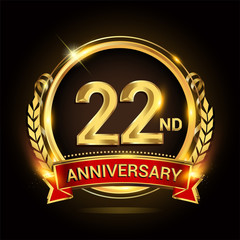 22nd golden anniversary logo, with shiny ring and red ribbon, laurel wreath isolated on black background, vector design