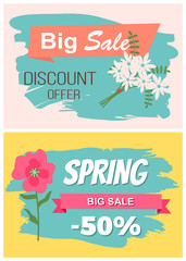 Sale, discount and best offer, label with rose, lilac and violet, daisy bouquet. Advertisement decorated by flowers, greeting for ladies vector. Early spring and summer flower for wedding