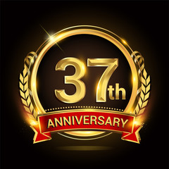 37th golden anniversary logo, with shiny ring and red ribbon, laurel wreath isolated on black background, vector design