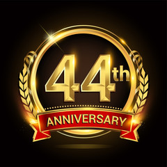 44th golden anniversary logo, with shiny ring and red ribbon, laurel wreath isolated on black background, vector design