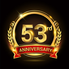 53rd golden anniversary logo, with shiny ring and red ribbon, laurel wreath isolated on black background, vector design