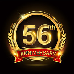 56th golden anniversary logo, with shiny ring and red ribbon, laurel wreath isolated on black background, vector design