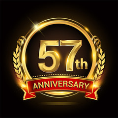 57th golden anniversary logo, with shiny ring and red ribbon, laurel wreath isolated on black background, vector design