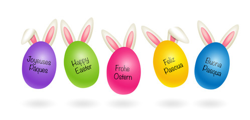 Colorful easter eggs with rabbit ears card, Banner with Easter greetings international, Vector illustration isolated on white background