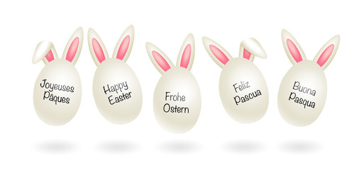 White easter eggs with rabbit ears card, Banner with Easter greetings international, Vector illustration isolated on white background