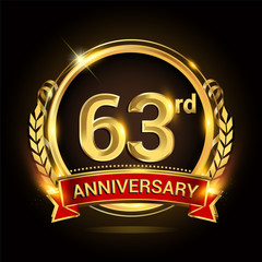 63rd golden anniversary logo, with shiny ring and red ribbon, laurel wreath isolated on black background, vector design