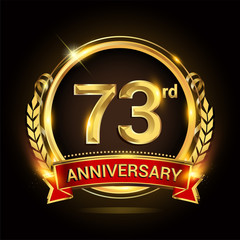 73rd golden anniversary logo, with shiny ring and red ribbon, laurel wreath isolated on black background, vector design