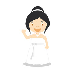 Caucasian bride wearing a wedding dress in cartoon style Vector Illustration