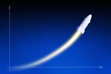Toy cartoon rocket launching with flame trail on dark blue background as symbol of growing