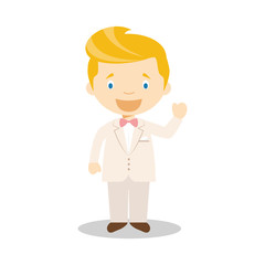 Caucasian bridegroom wearing a cream suit in cartoon style Vector Illustration