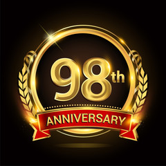 98th golden anniversary logo, with shiny ring and red ribbon, laurel wreath isolated on black background, vector design