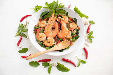 stir fried shrimp basil and red shilli ,garlic on white background