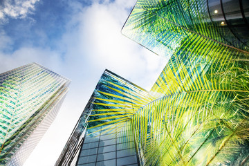 green city - double exposure of lush green forest and modern skyscrapers windows