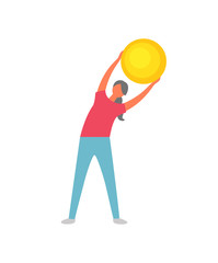 Woman holding fitness ball vector, female wearing sportswear improving flexibility. Slim lady doing exercises for healthy lifestyle, athlete with bauble