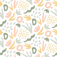 Fotobehang Hand drawn seamless pattern. Trendy print with water plants and shapes. Vector design template. © Viktoriia