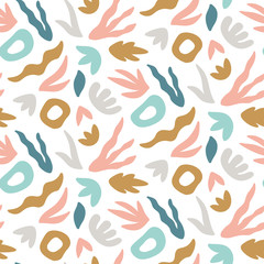 Abstract seamless pattern. Trendy print with hand drawn leaves and shapes. Vector design template.
