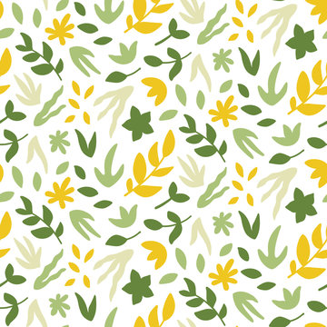Seamless pattern with leaves. Bright spring print with hand drawn plants. Vector design template.