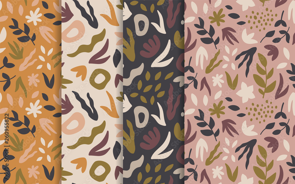 Poster vector hand-drawn seamless background set. foliage seamless pattern collection. leaves and abstract 