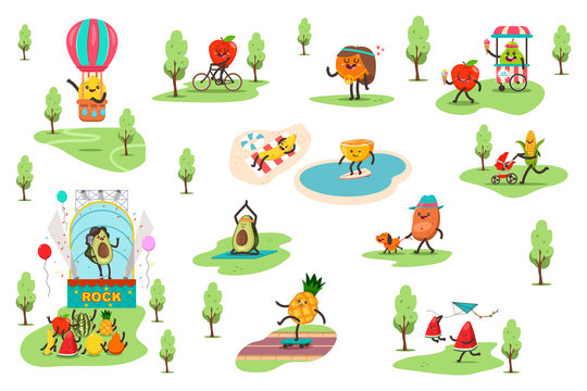 Funny fruits in the park spend different outdoor activities and play sports. Cute food vector cartoon characters set isolated on white background.