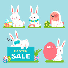 Cute cartoon Easter bunny and dog with colorful eggs. Vector cartoon funny animals characters set isolated on background.
