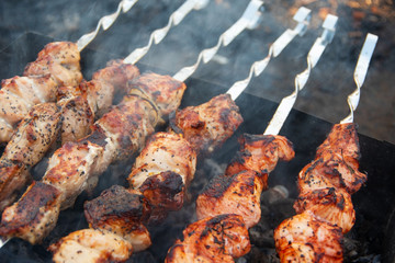 Shish kebab, Caucasian dish. The meat is strung on skewers and grilled over charcoal. Visible smoke from the coals.