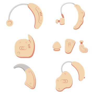 Hearing aids of different types. Vector cartoon set of medical equipment for people with disabilities isolated on white background.