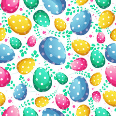 Vector seamless pattern for easter with decorated Easter eggs and green sprigs. Background for the holiday.