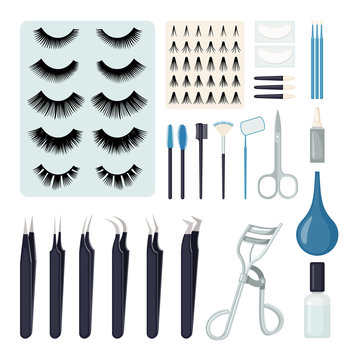 Set Of Eyelash Extension Tools In Flat Style.