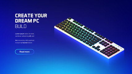 Computer RGB gaming keyboard 3d realistic isometric illustration, personal computer hardware components, custom gaming and workstation accessories, pc store and service