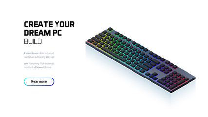 Computer RGB gaming keyboard 3d realistic isometric illustration, personal computer hardware components, custom gaming and workstation accessories, pc store and service