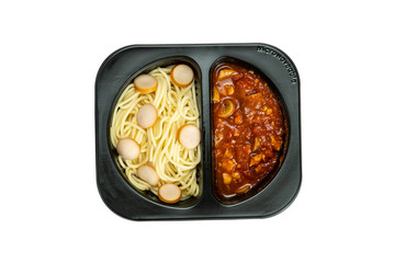 Top view of Ready to eat chilled spaghetti bolognese isolated on white background