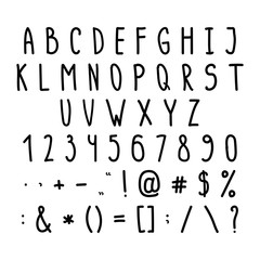 Black hand drawn latin alphabet, numbers and signs. White background. Hand drawn style. Vector.