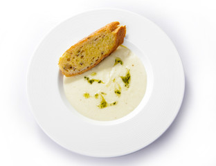 Appetizer with garlic bread and soup homemade