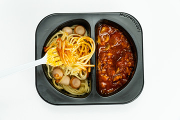 Top view of Ready to eat chilled spaghetti bolognese isolated on white background