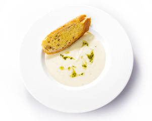 Appetizer with garlic bread and soup homemade