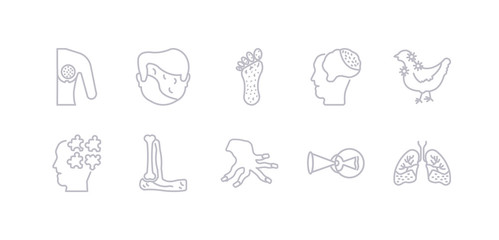 simple gray 10 vector icons set such as asthma, astigmatism, athetosis, atrophy, autism, avian influenza, bacterial meningitis. editable vector icon pack