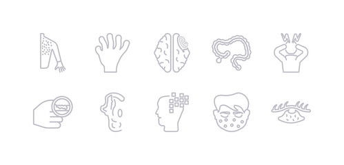 simple gray 10 vector icons set such as abscess, allergy, alzheimer's disease, anotia, anthrax, anxiety, appendicitis. editable vector icon pack