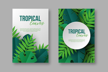 Posters with exotic jungle tropical palm leaves. Summer floral design, paper cut style. Copy space. Vector illustration.