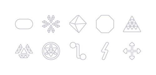 simple gray 10 vector icons set such as intersection, lightning bolt polygonal, line segment, metatron cube, multiple triangles inside hexagon, multiple triangles triangle, octagon. editable vector