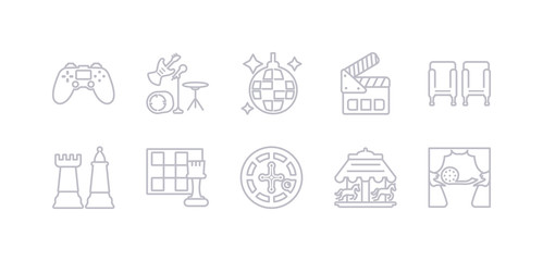 simple gray 10 vector icons set such as voice acting, carousel, casino, chess, chess piece, cinema seat, clapboard. editable vector icon pack