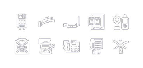 simple gray 10 vector icons set such as ceiling fan, burglar alarm, answering machine, electronic, asic miner, baby monitor, book reader. editable vector icon pack