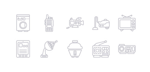 simple gray 10 vector icons set such as projector, radio, rice cooker, satellite dish, tablet, television, vacuum cleaner. editable vector icon pack