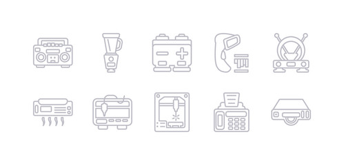 simple gray 10 vector icons set such as dvd player, fax machine, laser machine, 3d printer, air conditioner, antenna, barcode scanner. editable vector icon pack