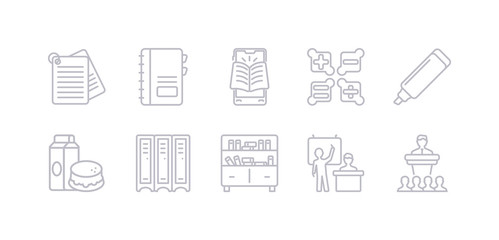 simple gray 10 vector icons set such as lecture, lesson, library, lockers, lunch, marker, maths. editable vector icon pack