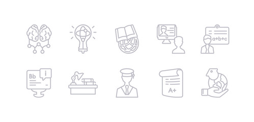 simple gray 10 vector icons set such as global learning, grades, graduation, homework, information, instructor, interactive course. editable vector icon pack