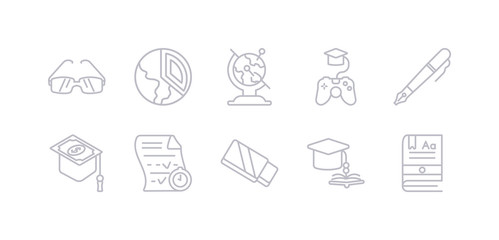 simple gray 10 vector icons set such as ebook, education, eraser, exam, scholarship, fountain pen, game-based learning. editable vector icon pack